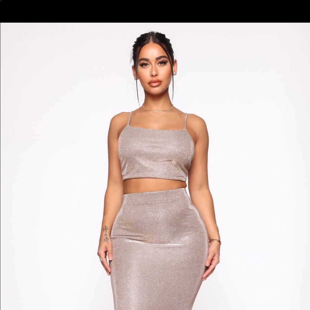 Fashion nova two piece metallic skirt set
